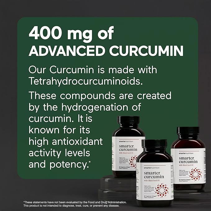 SMARTERNUTRITION Curcumin Softgels - Vegan High Absorption 400 mg Curcumin Supplement Standardized to 95% Tetrahydrocurcuminoids + Black Seed Oil &amp Ginger for Joint &amp Immune Health - 180 Ct