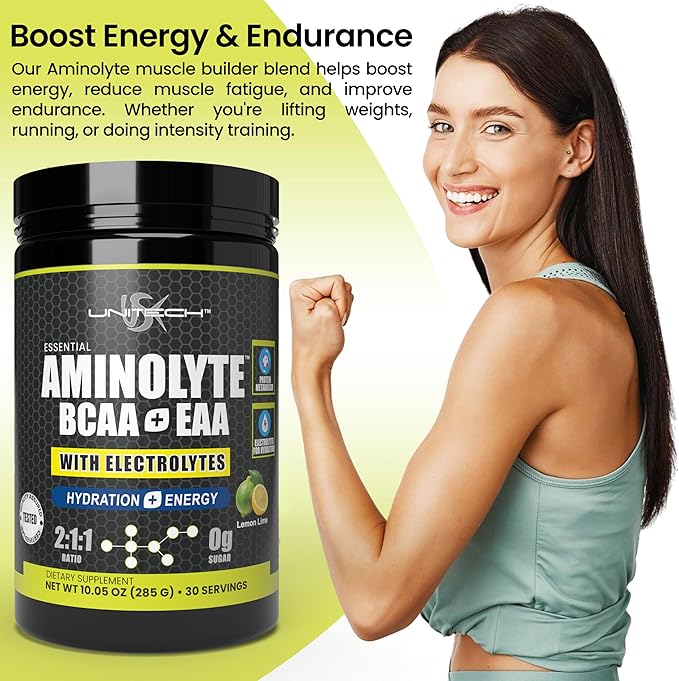 USK Unitech AminoLyte BCAA + EAA &amp Electrolytes Powder | Rich with Essential Amino Acids | Muscle Recovery &amp Hydration | Endurance &amp Performance Support | Dietary Supplement | Lemon Lime F