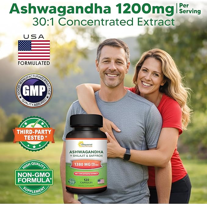aSquared Nutrition Ashwagandha Supplements for Men &amp Women + Shilajit &amp Saffron - 120 Capsules - Pure Root Powder Complex - Pills Alternative to Gummies &amp Drops