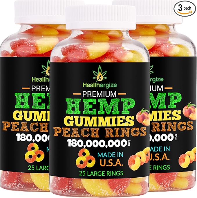 3PACK Hemp Gummies Hemp Oil Fresh Peach Rings Hemp Gummy Candy-for Sleep Calm Peace and Chill-Natural Edibles Party-Made in USA