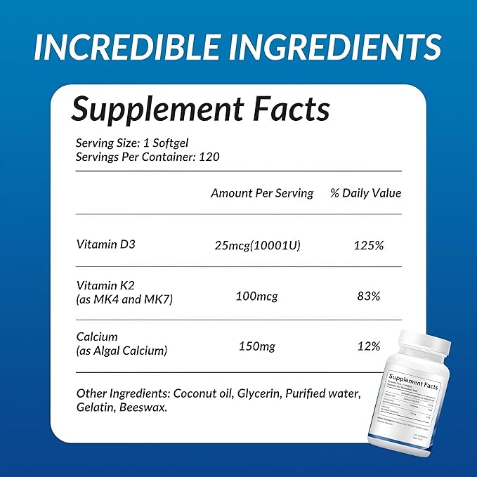 LIIFE 3-in-1 Calcium 150mg + Vitamin D3 1000iu + 100mcg K2（MK4 MK7） Natural Supplement Complex for Bone Health Joint Support and Cardiovascular Health 120 Softgels 60 Day Supply