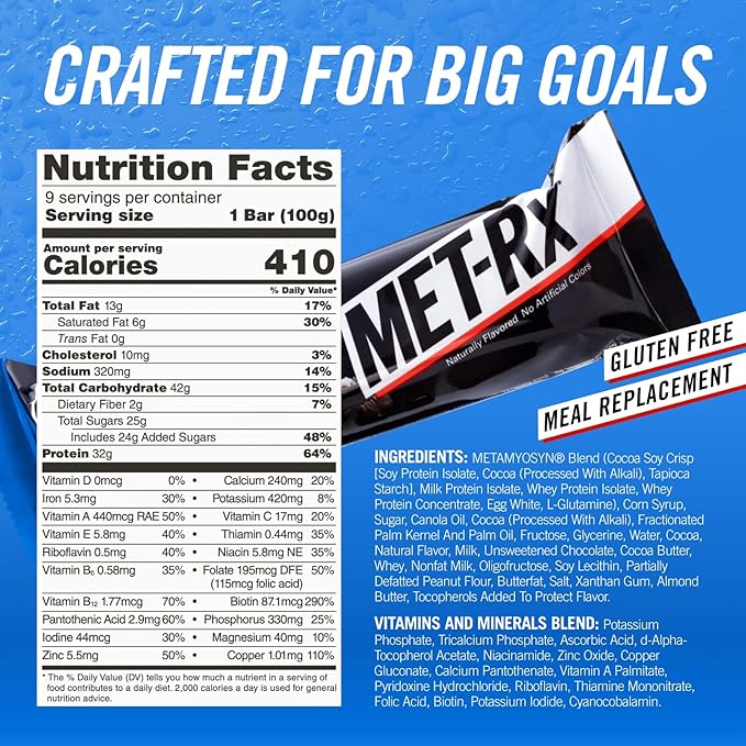 MET-Rx Big 100 Protein Bar Meal Replacement Bar 32G Protein Super Cookie Crunch 3.52 Oz (Pack of 9)