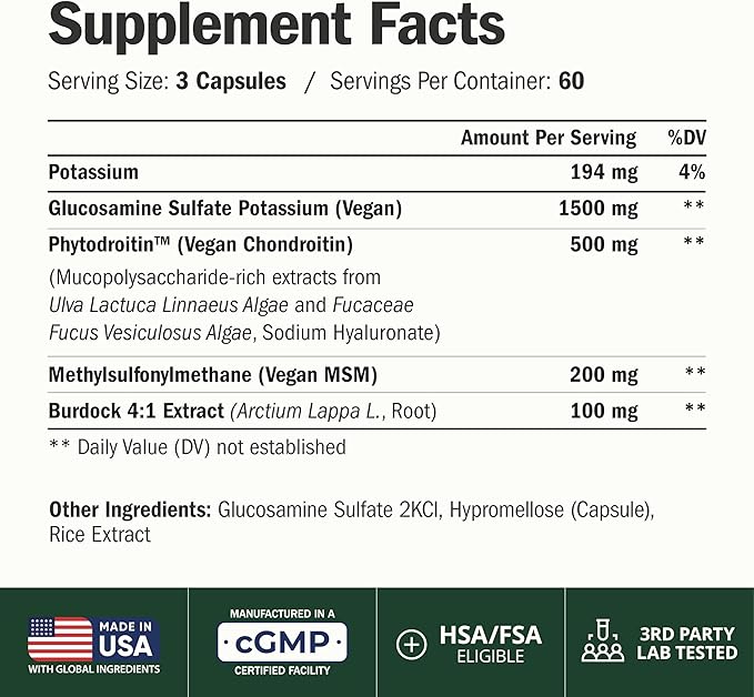 Glucosamine Chondroitin MSM – Joint Support Supplement for Women and Men with Glucosamine Sulfate 1500 mg Chondroitin and MSM – for Cartilage Joint Health and Flexibility – 180 Capsules Vegan