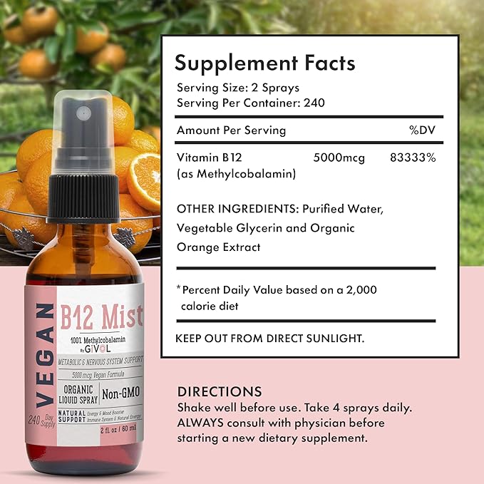 Organic Vegan Vitamin B12 Supplement Liquid Mist for Quick Absorption 5000mcg Methylcobalamin and ZINC Boost Mist 40mg (Extra Strength) - Sugar Free with VIT C and Elderberry Extract - Non-GMO