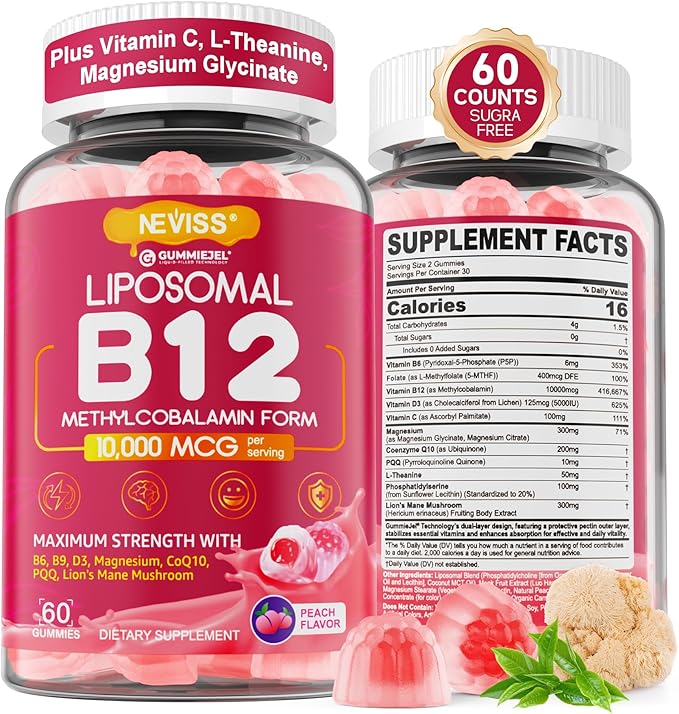 Methyl B12 Gummies 5000 mcg 10000 mcg w/L-Methylfolate B6 D3 Vitamin C Lion's Mane Mushroom L-Theanine CoQ10 Extra Strength Vitamin B12 Gummies Supplement - Energy Focus Brain &amp Immunity 1