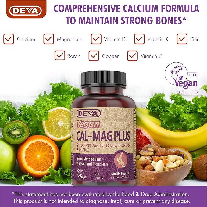 DEVA Vegan Cal MAG Plus Supplement with Calcium Magnesium Zinc Boron Vitamin C D &amp K 90 Tablets 12-Pack
