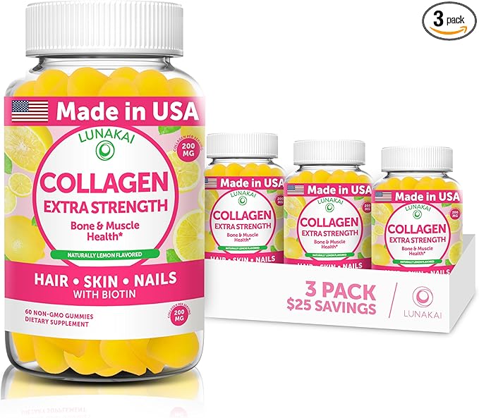 Lunakai USA Made Collagen Peptides Gummies - 200mg Non-GMO Anti-Aging Formula with Biotin Zinc Vitamins C &amp E for Hair Skin and Nails 3 Pack