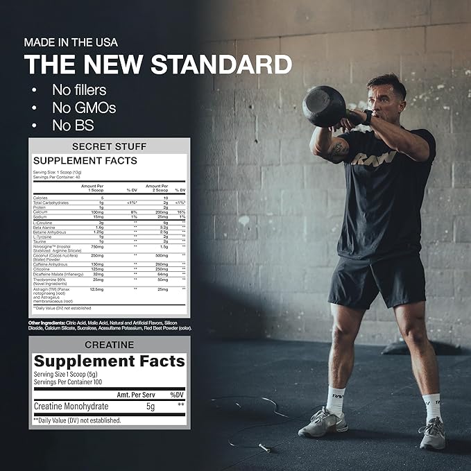 RAW Nutrition Creatine Monohydrate &amp Thavage (Tastes Like Winning) Pre-Workout Powder Bundle