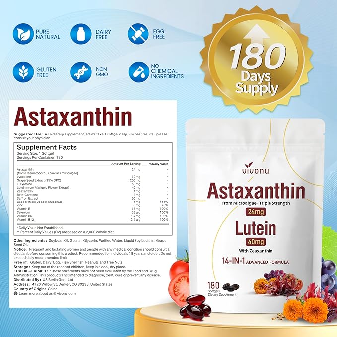VivoNu 14-in-1 Astaxanthin 24mg &amp Lutein 40mg with Zeaxanthin Supplements 6 Month Supply Fresh Microalgae Source Gluten Free Non-GMO Supports Eye Skin Antioxidant 180 Softgels 1 Bag