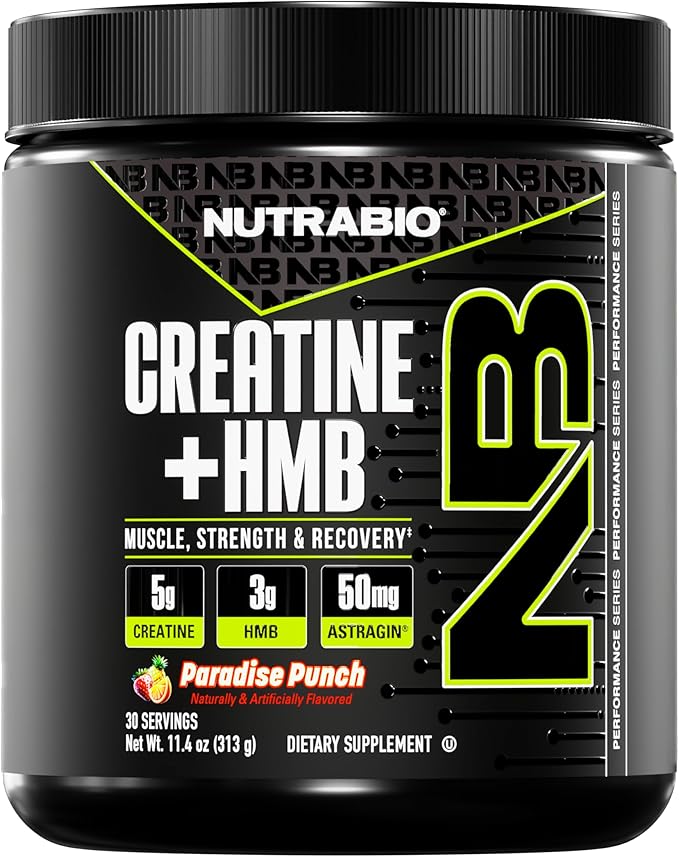 NutraBio Creatine + HMB- Creatine Monohydrate with HMB Powder for Muscle Growth Increased Strength- 30 Servings (Paradise Punch)
