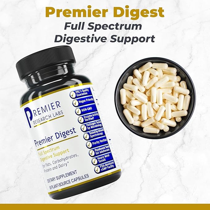 Premier Research Labs Active Digestive Enzymes with Probiotic and Prebiotics - Promotes Full-Spectrum Digestive Support - with Amylase Protease &amp Lipase 60 Plant-Sourced Capsules