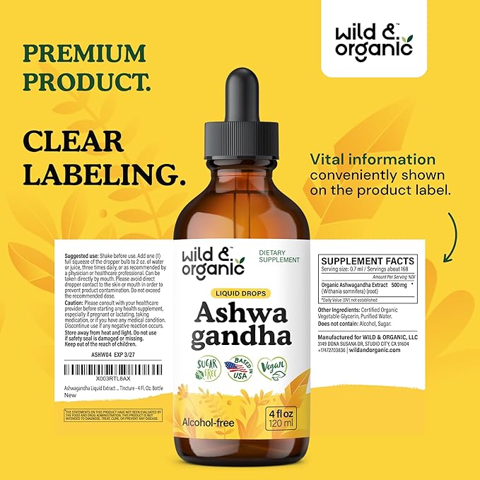 Wild &amp Organic Ashwagandha Drops - Mood Support &amp Positive Energy - 500 mg Ashwagandha for Women &amp Men - Add to Tea Liquid Extract for Relaxation - Non-GMO Sugar &amp Alcohol-Free Tinctu