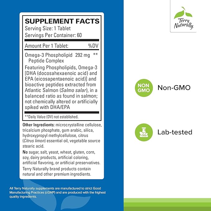 Terry Naturally Vectomega - Supplement with EPA &amp DHA - Omega-3 Tablets for Brain &amp Heart Health Support - Nutritional Supplement with Essential Fatty Acids &amp Peptides - 60 Tablets (Pack o