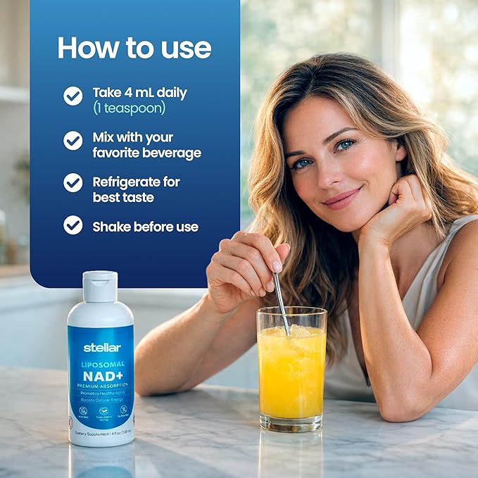 Stellar Liposomal NAD+ Liquid Supplement – Premium Absorption for Healthy Aging &amp Cellular Energy – Non-GMO Gluten-Free Third-Party Tested – 4 fl oz (120 mL)