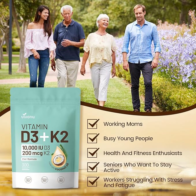 Vitamin D3 K2 10000 IU with MK7-300 Virgin Coconut Oil Softgels 2 in 1 Vitamins D &amp K Complex | Vitamina D3 con K2 | Supports Calcium Absorption Bone Immune &amp Heart Health – Easy to Swallo