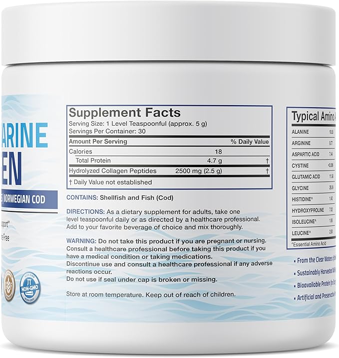 Bronson Marine Collagen Peptides Hydrolyzed Protein Powder 100% Wild Caught Nordic Cod Verified Sustainable Source for Joints Skin Hair Nails &amp Bones 150g (5.29oz)