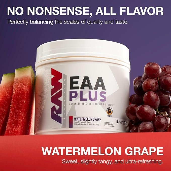 RAW EAA Plus Amino Acids Powder Watermelon Grape (30 Servings) - Pre Workout Amino Energy Powder for Advanced Endurance Recovery &amp Lean Muscle Growth - BCAA Amino Acids Supplement for Men &amp