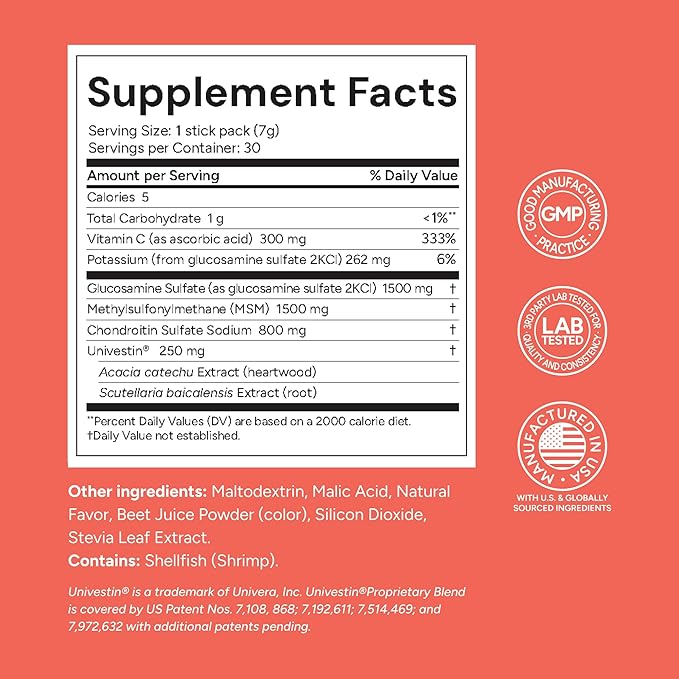 Glucosamine Chondroitin MSM with Univestin | Joint Support Powder Drink Mix for Mobility &amp Flexibility | Raspberry Flavor | 30-Day Supply (7g x 30 Sticks)