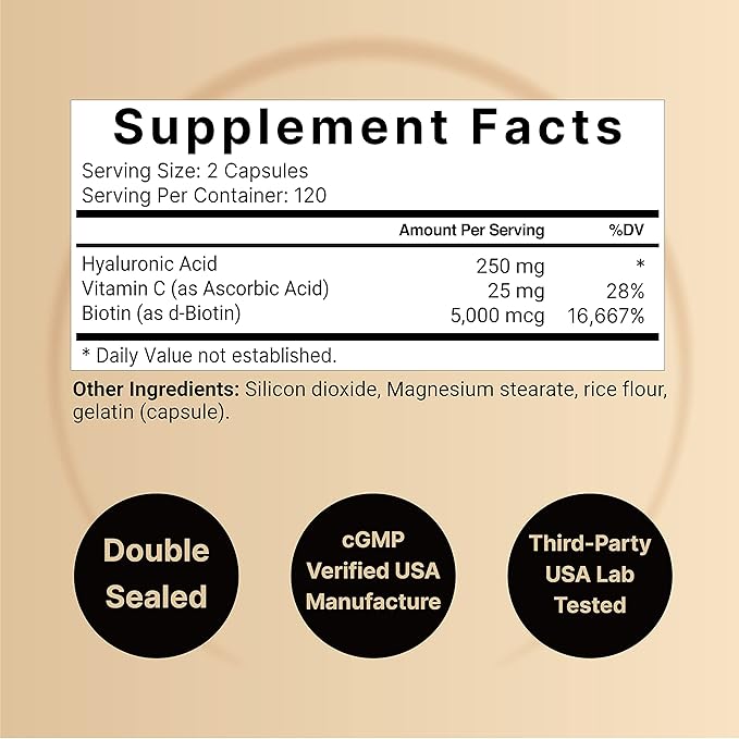 NatureBell 2 Pack Plant Based Hyaluronic Acid Supplements 250mg with 25mg Vitamin C &amp Biotin 5000mcg 480 Total Capsules | Essential for Hair Growth Joint Support &amp Hydrating Skin | Non-GMO