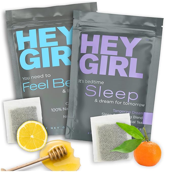 Hey Girl Sleep + Feel Better Tea Bundle - Sleep Tea w/Chamomile Valerian Root &amp Lemon Balm in Tea Bags + Feel Better Herbal Tea with Echinacea Elderberry Vitamin C