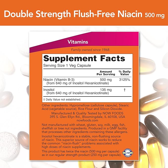 NOW Foods Flush Free Niacin Double Strength 640mg 90 vcaps (Pack of 2)