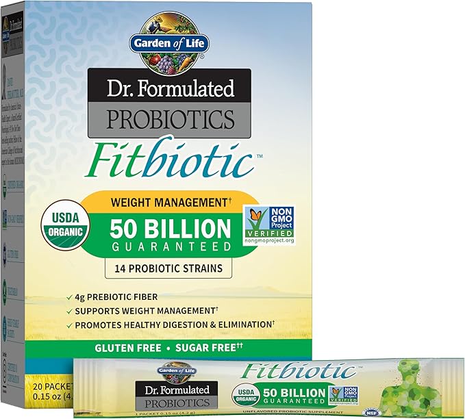 Garden of Life Dr. Formulated Probiotics Fitbiotic Weight Management Powder 50 Billion CFU &amp Prebiotic Fiber Organic &amp Non-GMO Digestive Gut Health Probiotic Supplement 20 Single Serving Pa