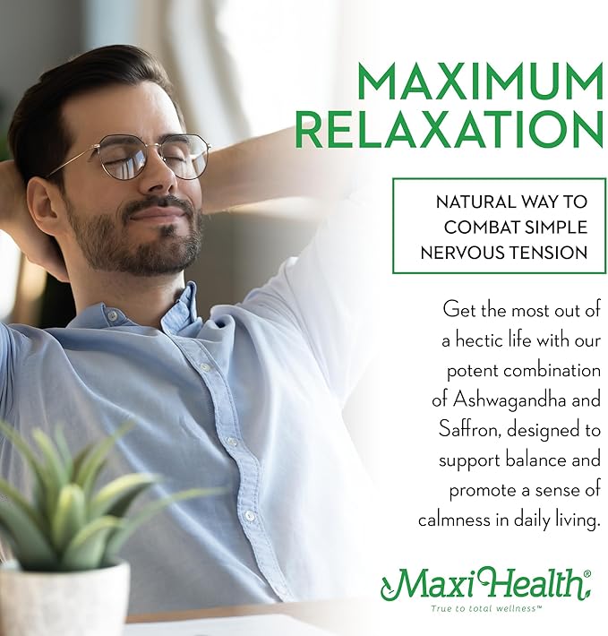 Maxi Health Ashwagandha Supplements Complex with Saffron – 600mg Ashwagandha Capsules &amp 30mg Saffron Extract for Stress Relief Mood &amp Calm – Kosher 60 Capsules