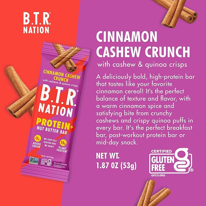 B.T.R. Nation Vegan Keto Plant Based High Protein &amp High Fiber Bars - Cinnamon Cashew Crunch Protein+ | 12 Bars | Low Carb &amp GF Free of Sugar Alcohols Dairy Soy and with Powerful Superfoods