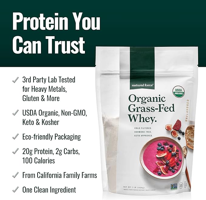 Natural Force Grass Fed Organic Whey Protein Powder Unflavored - 16 oz Organic Clean Collagen Peptides Powder Unflavored 32oz