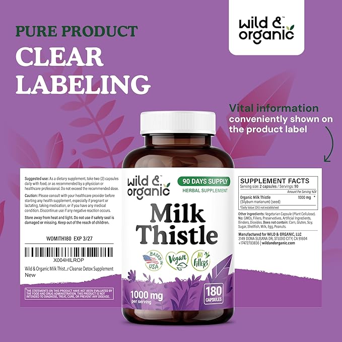 Wild &amp Organic Milk Thistle Capsules 1000mg - Liver Supplement - Silymarin Milk Thistle Seeds Powder for Liver Support - 180 Vegan Capsules - 3-Month Supply - No Fillers Non-GMO