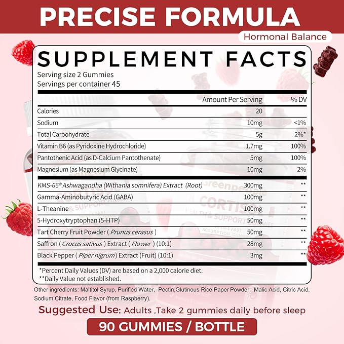 GREENPEOPLE Cortisol Supplements for Women &amp Men - Cortisol Reducer Detox Manager w/KSM-66 Ashwagandha/Magnesium/L-theanine/GABA/Vitamin B6 for Mood/Sleep/Stress Relief 90 CT Raspberry Flavor Gumm