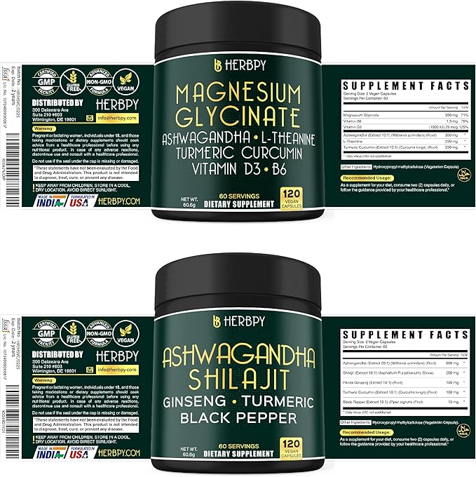 Bundle 6in1 Magnesium Glycinate Supplements &amp 5in1 Ashwagandha Shilajit Supplements