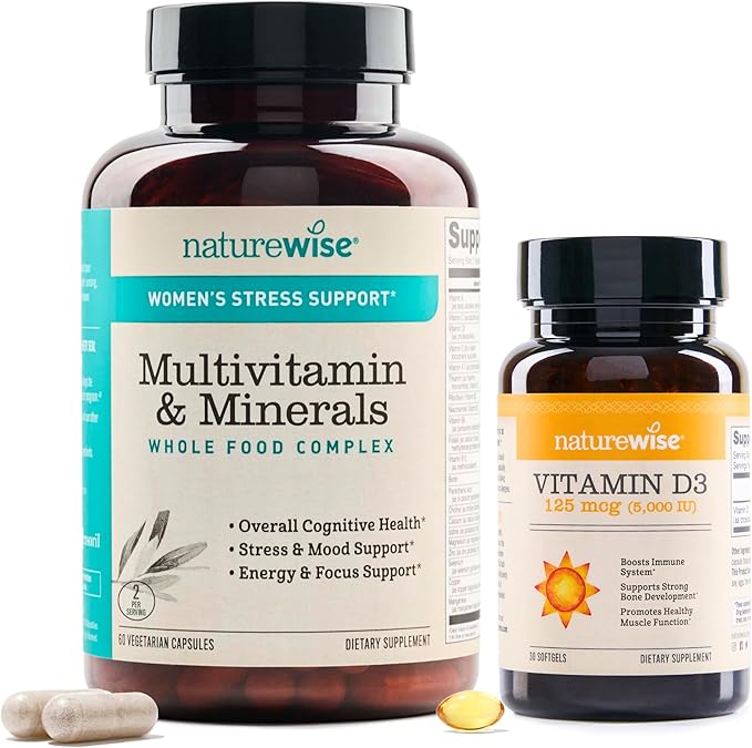 NatureWise [1 Multivitamin for Women Stress Support &amp Natural Minerals - 60 Capsules[30-Day Supply] + [1] Vitamin D3 5000iu + Organic Olive Oil - 30 Mini Softgels[30-Day Supply]