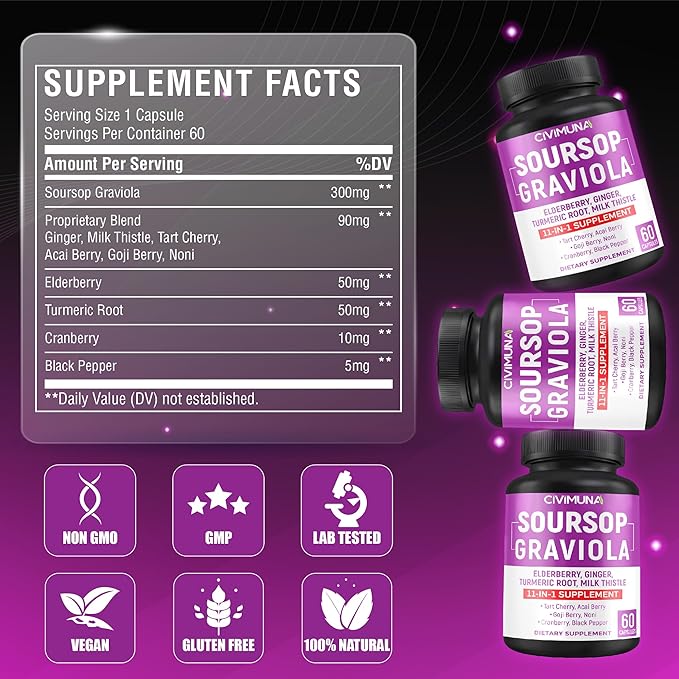 Soursop Graviola Capsules with Elderberry Turmeric Curcumin and More - 120 Capsules for 4 Months Supply (Pack of 2)