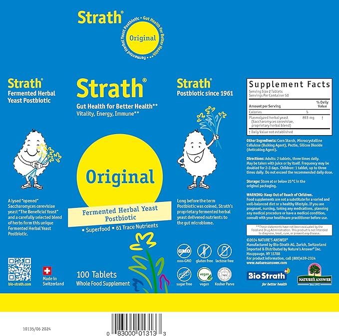 Strath Nutritional Yeast Tablets - Vegetarian Lactose Free Artificial Additive Free - Digestive Support Nutrient Absorption - Unflavored Daily Supplement - Prebiotic and Postbiotic