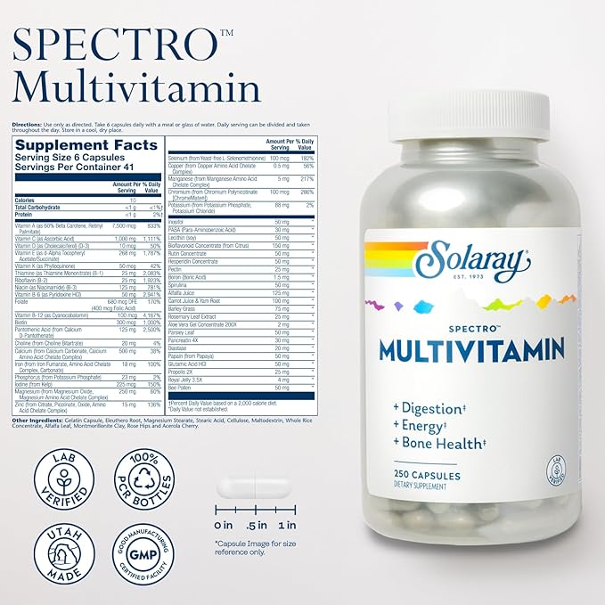 SOLARAY Spectro Multivitamin with Iron - Multi Vitamin with Calcium Magnesium Energizing Greens Herbs &amp Digestive Enzymes - Digestion Energy and Bone Health Support (41 Serv 250 CT)
