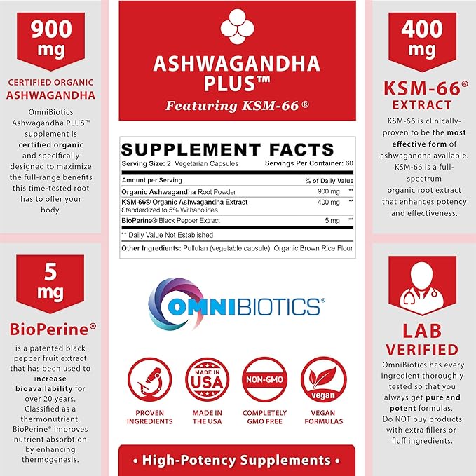 OmniBiotics Organic Ashwagandha Supplement – 1300mg Total Strength – 900mg Organic Root Powder &amp 400mg KSM-66 Extract – Stress Relief Mood &amp Sleep Support – Non-GMO – 120 Vegan Capsules