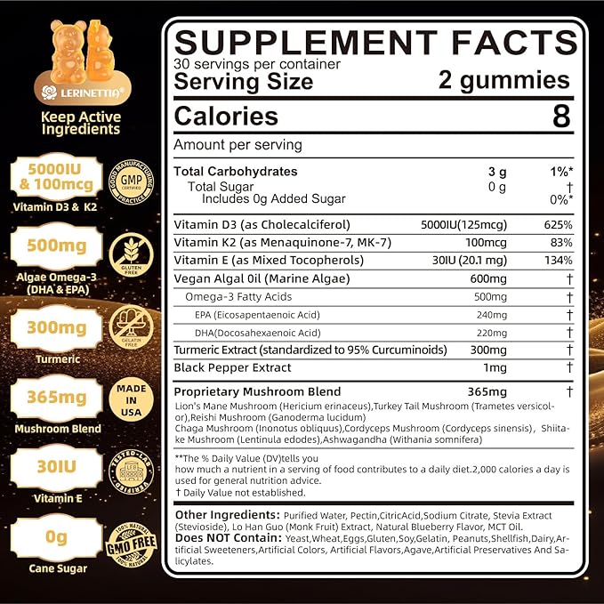 Vitamin D3 5000iu(125mcg) + Vitamin K2(MK7) Gummies with Algae Omega 3 | Maximum Strength Vitamin D3+K2 | for Bone Teeth Energy Immune Calcium Absorption - Vegan Sugar Free120Ct