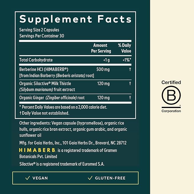 Gaia Herbs Berberine &amp Milk Thistle - Milk Thistle &amp Berberine Supplement with Ginger Root - Supports Liver Health* - Vegan Gluten-Free Dairy-Free Non-GMO Project Verified - 60 Capsules