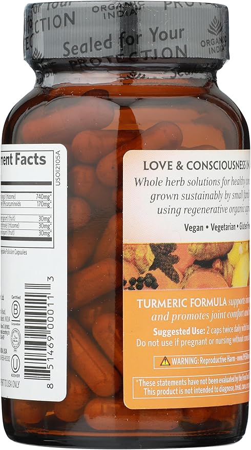 Organic India Turmeric Curcumin Herbal Supplement - Joint Mobility &amp Support Immune System Support Healthy Inflammatory Response Whole Root Supplement Organic Trikatu - 90 Capsules