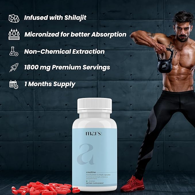 mars by GHC Micronized Creatine Monohydrate Caps with Shilajit &amp Ashwagandha | Overall Well-Being | 360 Capsules | Pack of 3