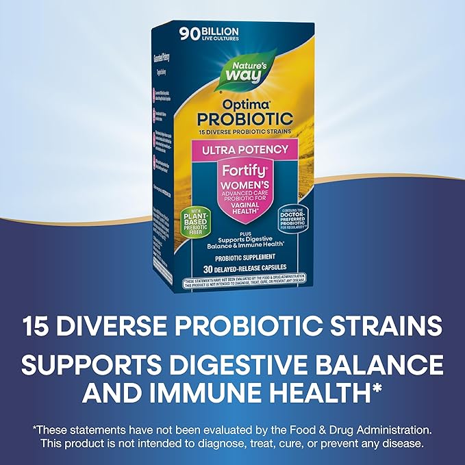 Nature's Way Fortify Optima Probiotic for Women Ultra Potency Probiotic for Vaginal Health* 90 Billion Live Cultures Supports Digestive Balance and Immune Health* 30 Capsules (Packaging May Vary)