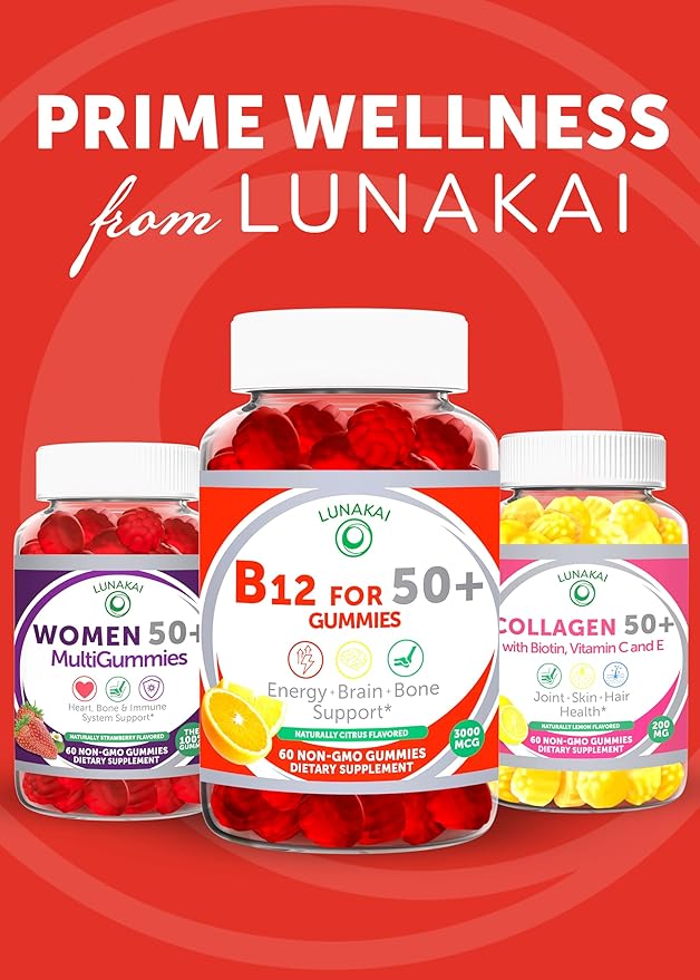 Lunakai USA Made Vitamin B12 Gummies for Adults 50+ Non-GMO B12 for Energy &amp Vitality Boost Delicious Orange Flavor 60ct