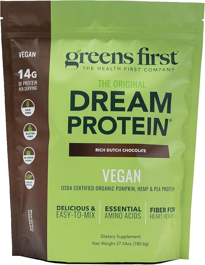 Greens First Dream Protein Plant-Based Vegan Powder - USDA Organic Pumpkin Hemp &amp Pea Protein - Gluten-Free Non-GMO No Added Sugar (Rich Dutch Chocolate 27.54 oz)