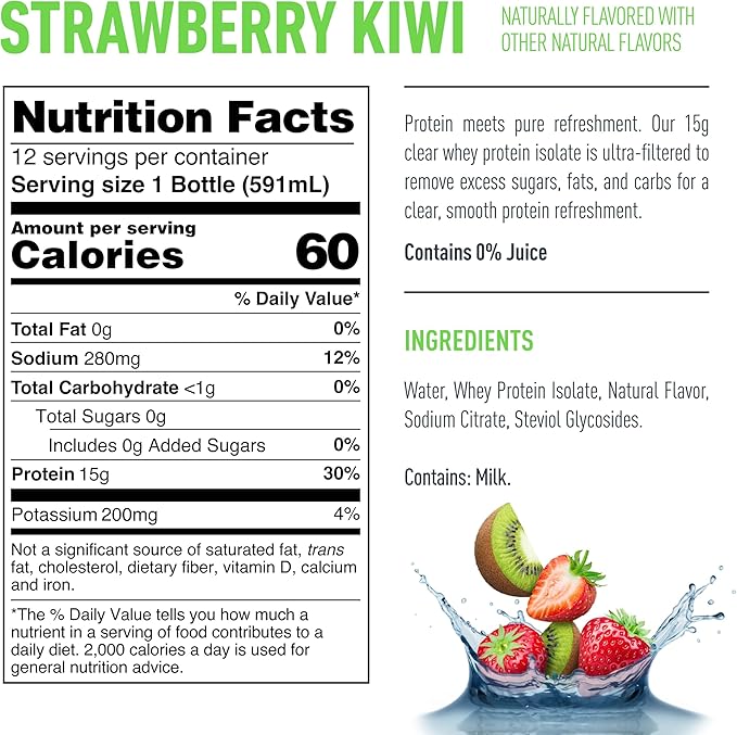 Isopure Clear Protein Water with Electrolytes 15g Whey Protein Isolate Zero Sugar Strawberry Kiwi 20 fl oz 12-Pack