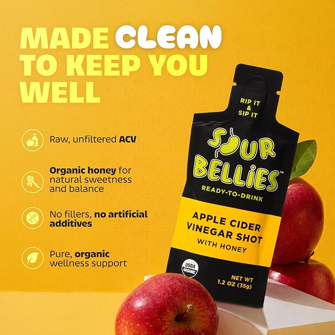 Sourbellies Apple Cider Vinegar Immunity Wellness Shot with Honey Organic ACV Shot for Digestion Support &amp Bloating Relief Ready-to-Drink On-The-Go Wellness Gut Health 1 oz (Pack of 12)