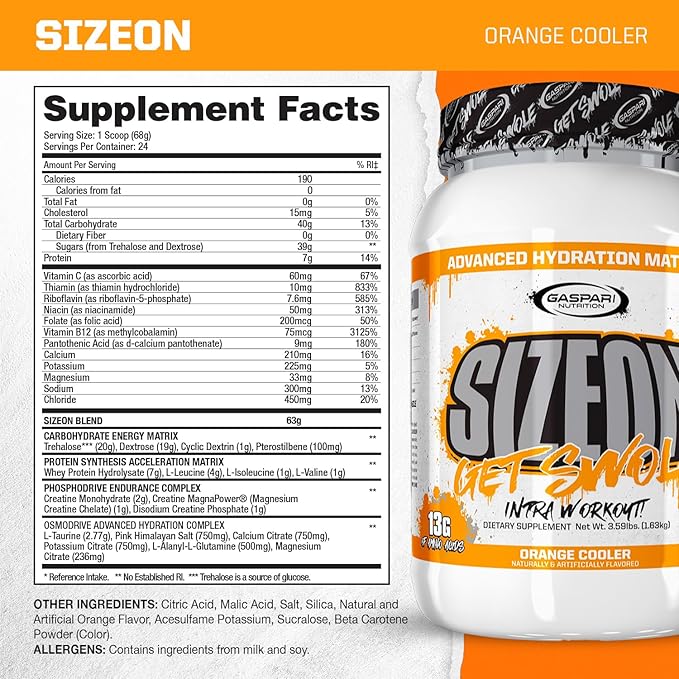 Gaspari Nutrition SizeOn The Ultimate Hybrid Intra-Workout Amino Acid &amp Creatine Formula Increased Muscle Volume &amp Muscle Recovery (3.59 Pounds Orange Cooler)
