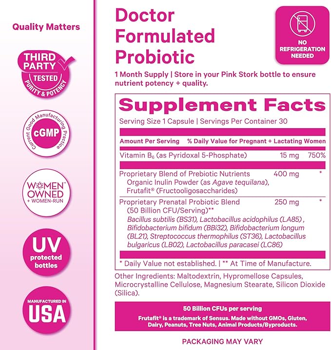 Pink Stork Prenatal Probiotic for Women | 50 Billion CFU | Vitamin B6 Prebiotics | Pregnancy Probiotics for Morning Sickness | Digestive Immune &amp Gut Health | Vegan Gluten-Free | 30 Capsules