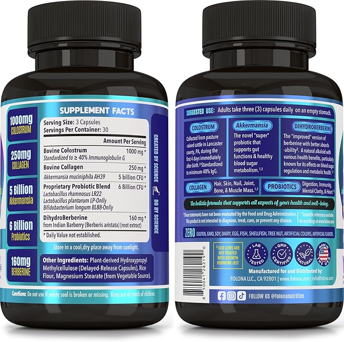 Colostrum w/Collagen Berberine &amp Probiotics (Akkermansia &amp Lactobacillus) | Supplement for Hair Skin Nails Gut Digestion Metabolism Immunity Muscle &amp Wellness (90 Delayed Release c