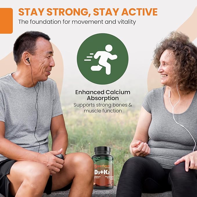 EarthNutri - Vitamin D3 Plus K2 Vitamin Supplement 5000 IU – Includes K2 from MENA Q7 D3 from Vitashine Calcium from Aquamin &amp 72 Trace Minerals – for Immune Bone &amp Heart Health - Non-GMO
